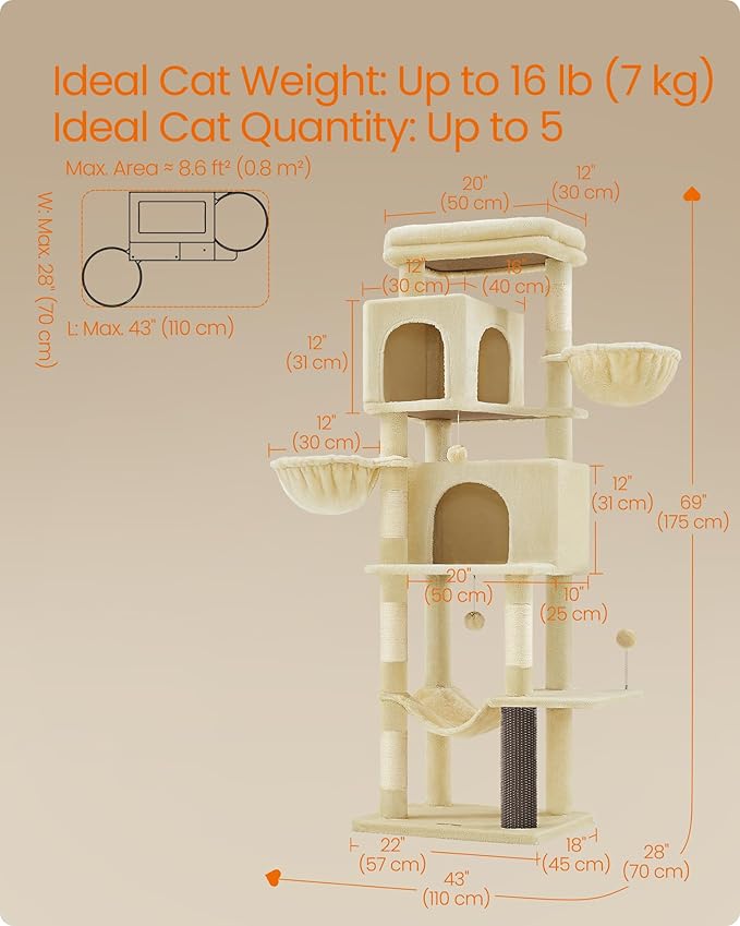 Feandrea Cat Tree, 69-Inch Tall Cat Tower, Multi-Level Plush Condo with 2 Caves, 2 Baskets, 5 Scratching Posts, Self-Groomer, Perch, Hammock, Sand Beige UPCT182Y01