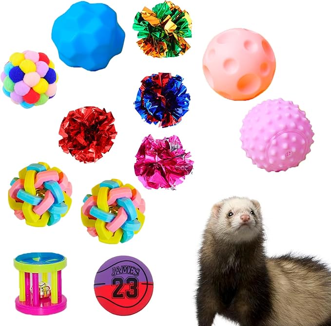 12 pcs Ferret Squeaky Toys Balls Squeaker Toys Teething Chewing Toy Colorful Bouncy Rubber Bell Balls Mylar Crinkle Interactive Sound Exercise Scratch Chew Toy for Ferrets Pet Cat Dog