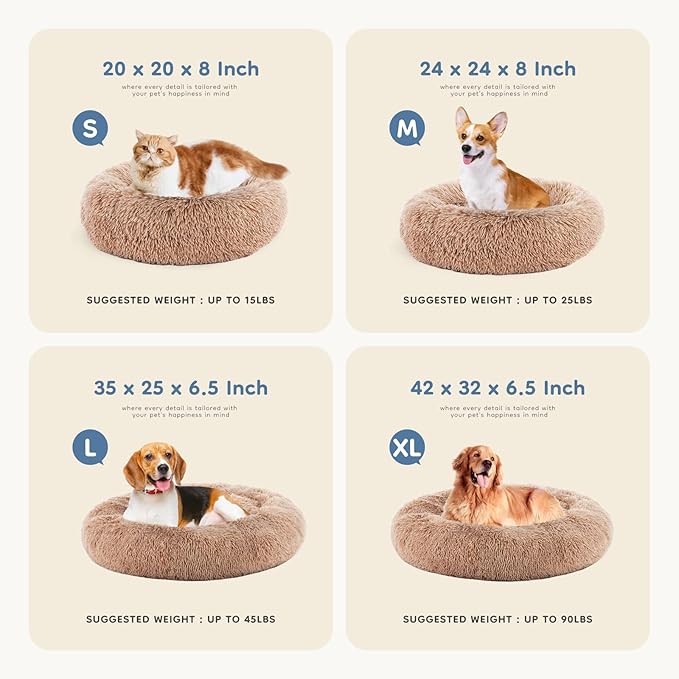 DUMOS Calming Donut Dog Beds for Large Dogs, 37.4x37.4 in Machine Washable Cuddler Warming Cozy Fluffy Faux Fur Plush Round Pet Bed, Anti-Slip Bed for Indoor Dogs and Cats, Brown