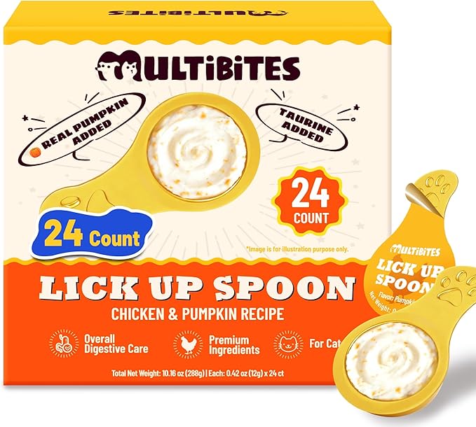 Lickable Cat Treats with Lick-Up Spoons, Healthy Pumpkin Wet Cat Snacks for Digestive Support, Grain-Free Kitten Treats with Taurine, Vitamins & 70% Real Chicken, 10.16 oz (24 Spoons)