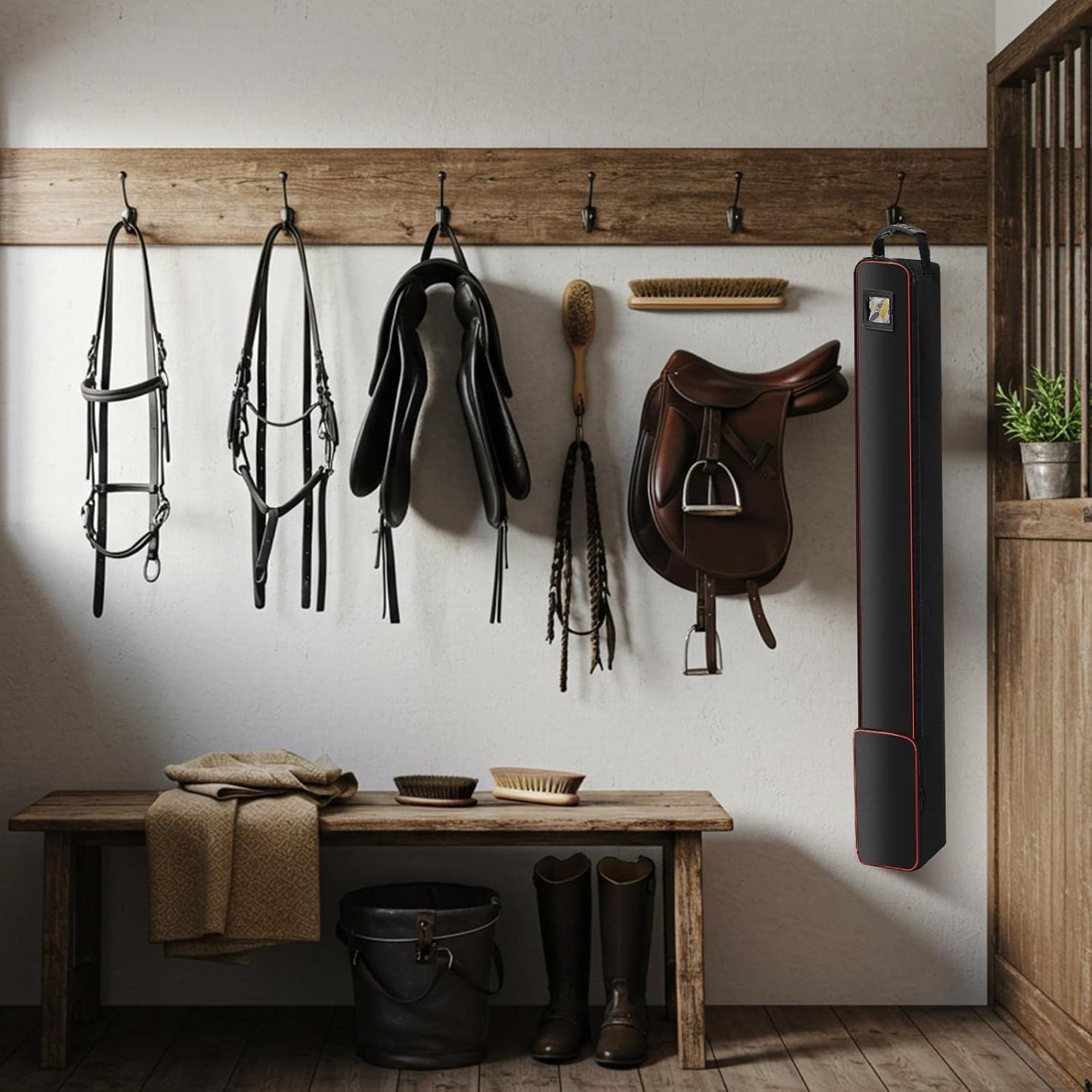 Horse Tail Extension Bag and Double Side Pin and Bristle Comb Brush, Red and Black Fake Horse Tail Bag