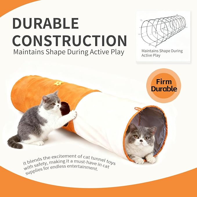 Large Cat Tunnels for Indoor Cats, Durable & Collapsible Play Tubes and Tunnels with Crinkle Sound & Balls for Adult Cats & Kittens (Orange)