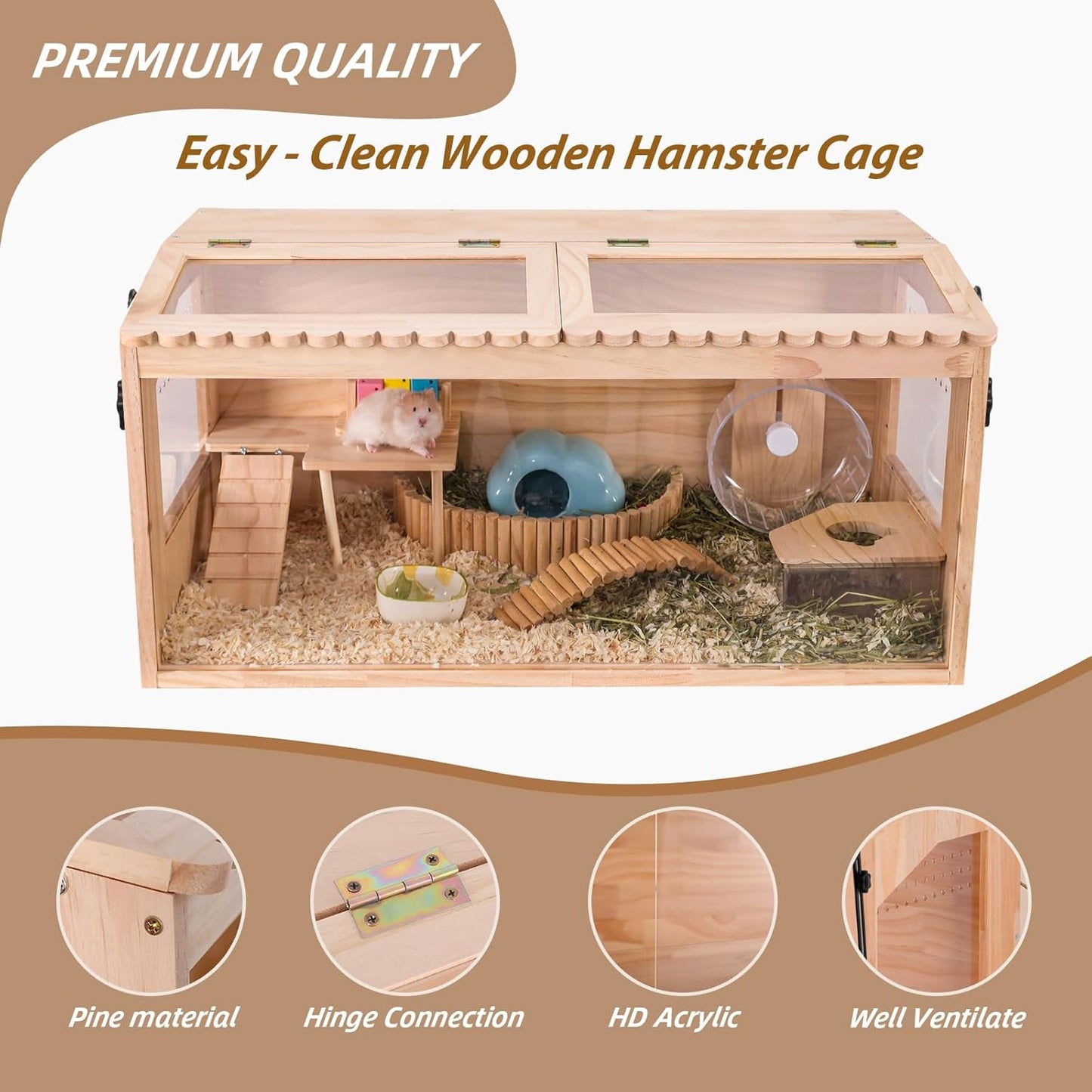 Wooden Hamster Cages and Habitats, 48"x20"x20" Guinea Pig Cage, Small Animal Cage for Dwarf Syrian Hamsters Degus Mice & Other Small Pets. Big Hamster Habitat with 2 Adjustable skylights.
