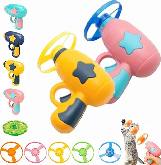 Bamboo Dragonfly Catapult Pistol, Bamboo Dragonfly Catapult Launcher, cat Fetch Toy Flying disc Saucer Launcher, Cat Fetch Toy with Colorful Flying Propellers Set (Pink+Yellow)