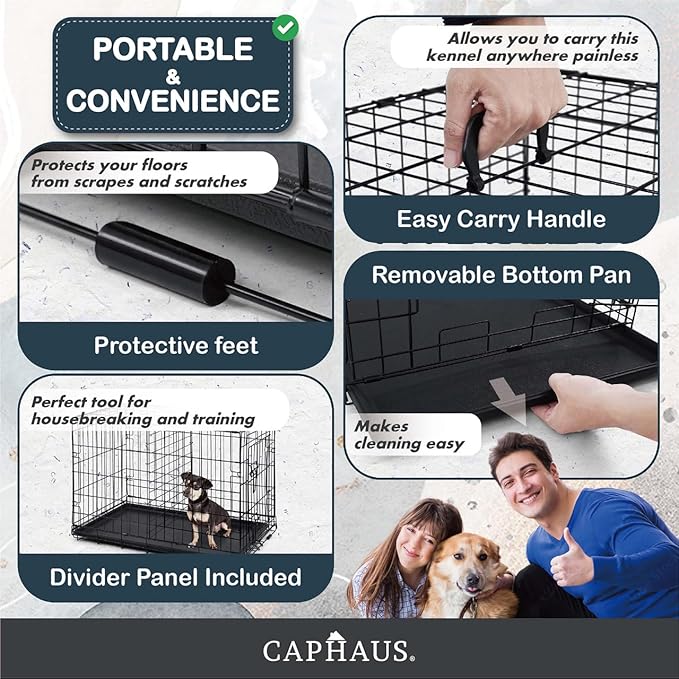 CAPHAUS Foldable Dog Crate Wire Metal Dog Kennel w/Leak-Proof Pan & Protecting Feet & Divider Panel, Single or Double Door, Small, Medium & Large Indoor Wire Cage, 24” w/Single Door