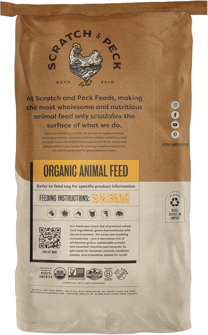 Scratch and Peck Feeds Whole Grain Scratch + Corn Chicken and Duck Supplemental Grain - Soy-Free - 9% Protein, Certified Organic and Non-GMO Project Verified Chicken Food - 50 lbs Bag