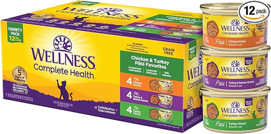 Wellness Complete Health Pate Variety Pack Adult Canned Wet Cat Food, Natural, Protein Rich, Grain Free, Chicken and Turkey Favorites, 3 oz, Pack of 12 Cans