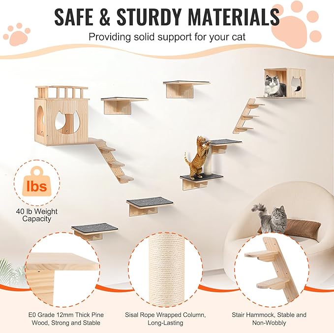 VEVOR Wall Mounted Cat Shelves, Cat Wall Shelves and Perches with Jumping Boards, Cat Beds, Hammocks & Cat Tree, Cat Furniture and Shelves up to 40 lbs for Sleeping, Playing, Climbing, Set of 9