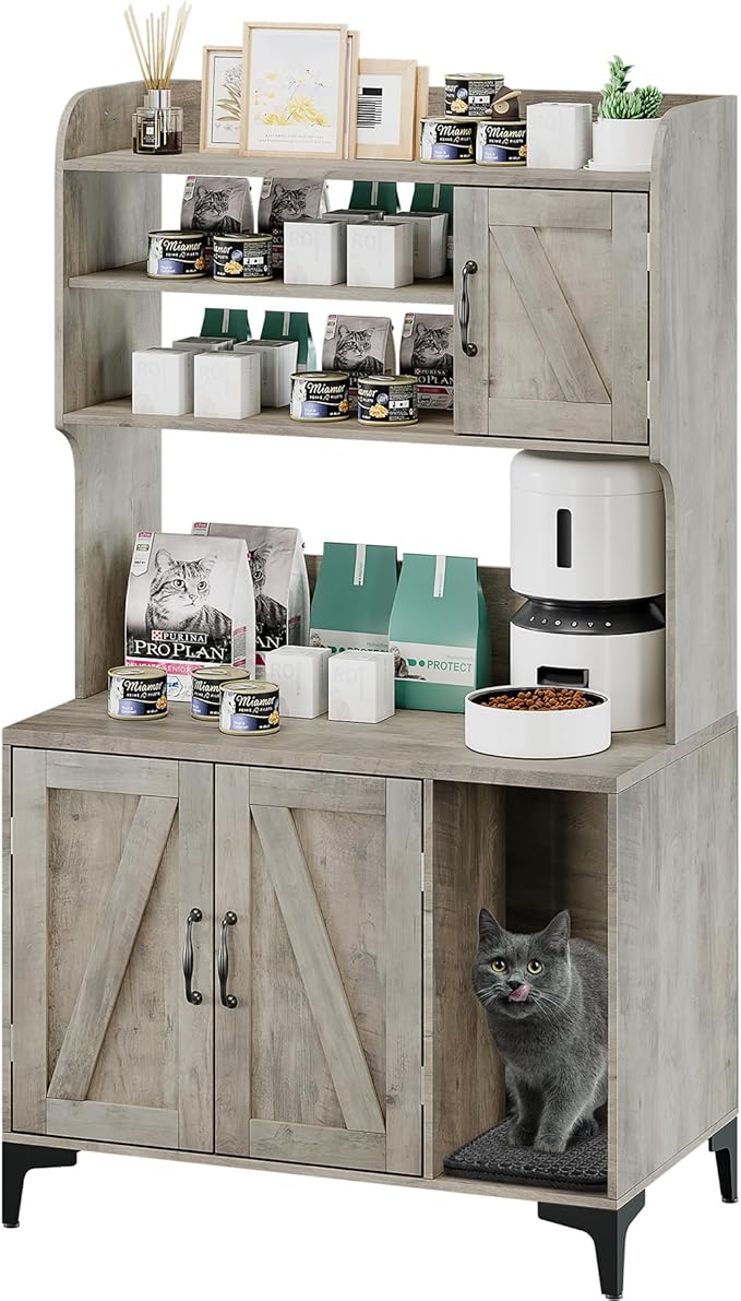 Garvee Cat Litter Box Enclosure with Shelves,Hidden Cat Box Furniture,Litter Box Cabinet with Scratching Mat,Wood Sturdy Cat Washroom Storage Indoor, Gray