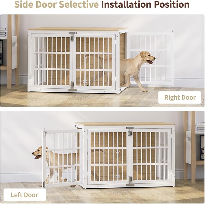 41" Heavy Duty Dog Crate Furniture, Wooden Dog Cage Kennel for Lrage and Extra Large Dogs, Dog Kennel Indoor with Side Door, Decorative Pet House End Table, White and Natural