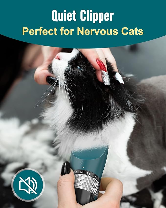 oneisall Cat Clippers for Matted Hair, 5-Speed Quiet Cat Grooming kit, Cordless Pet Shaver for Long Hair,Waterproof Pet Trimmer, Pet Clippers for Cats(Green)