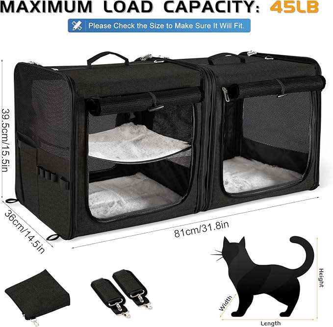 Large Cat Carrier for 2 Cats with Zipper Locks, Double Cat Carrier with Travel Litter Box, Soft Pet Travel Carrier for Cats and Small Dogs Up to 45 Lbs, Black