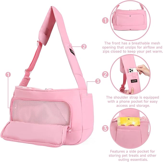 Dog Sling Carrier for Small Medium Dogs & Cats, Fits 7–18lbs, Soft Puffy Lightweight Pet Sling Carrier with Adjustable Padded Strap and Storage Pocket, Hands-Free for Travel, Hiking & Outdoor Pink