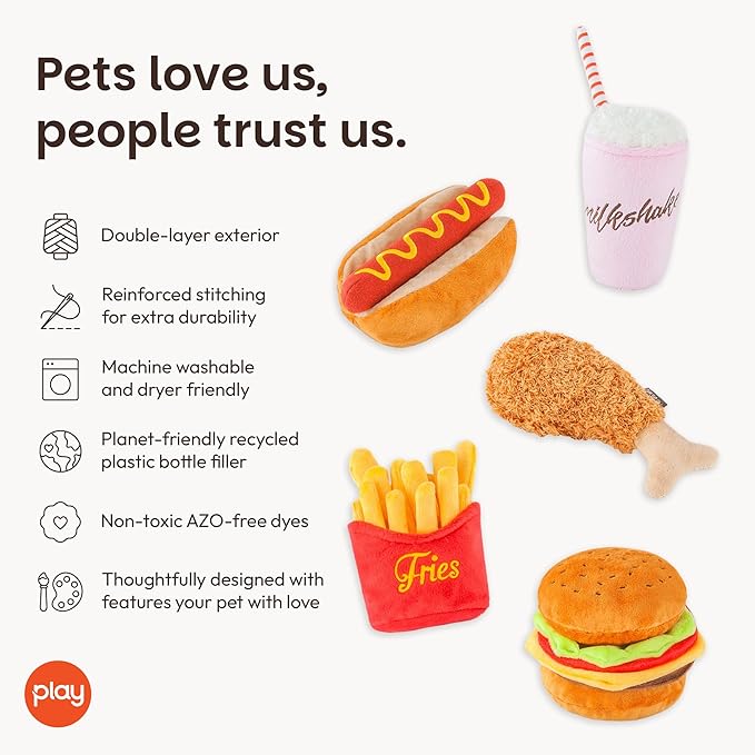 P.L.A.Y. PET LIFESTYLE AND YOU Cute Plush Dog Toys - Fast Food Themed Durable Squeaker Chew Toys for Medium & Large Dogs - Machine Washable, Recycled Materials (5 Piece Set, Medium)
