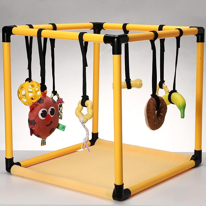 Race&Herd Puppy Play Gym, Dog Play Mat, 8 Bungee Straps Interactive Puppy Active Toys - Small Dog Jungle Gym 19.5" Frame with Playground Set Indoor Enrichment Activity Center (Yellow)