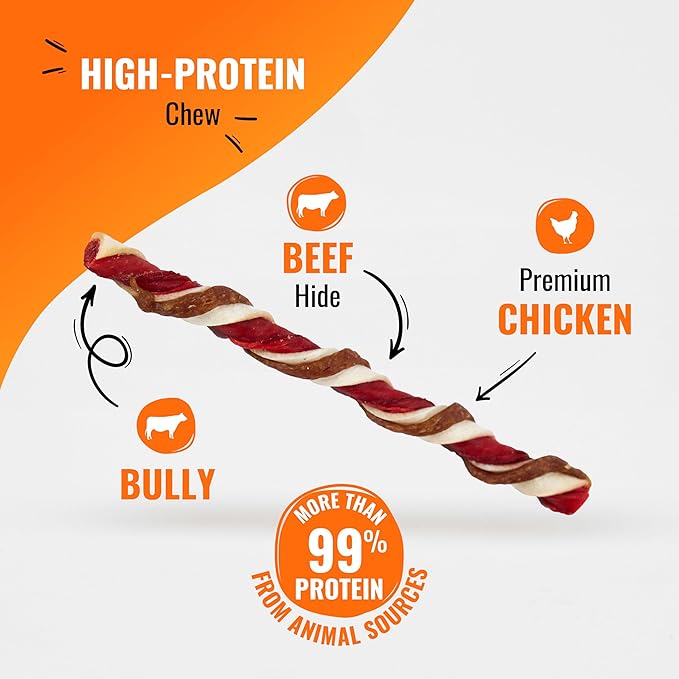 GOOD 'N' FUN Triple Flavor Twists with Bully Chews, High-Protein Dog Treat for All Adult Dogs, Made with Real Chicken, Beef Hide, Pork Hide, Bully & Beef Liver Flavor, 6 Count