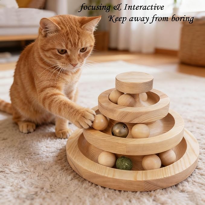 Wooden Cat Toy Ball Track Interactive Cat Toys for Indoor Cats 3 Tier Cat Tower with 9 Removable Balls Bell Catnip Toys for Cats Mental Physical Exercise Kitten Toys Puzzle