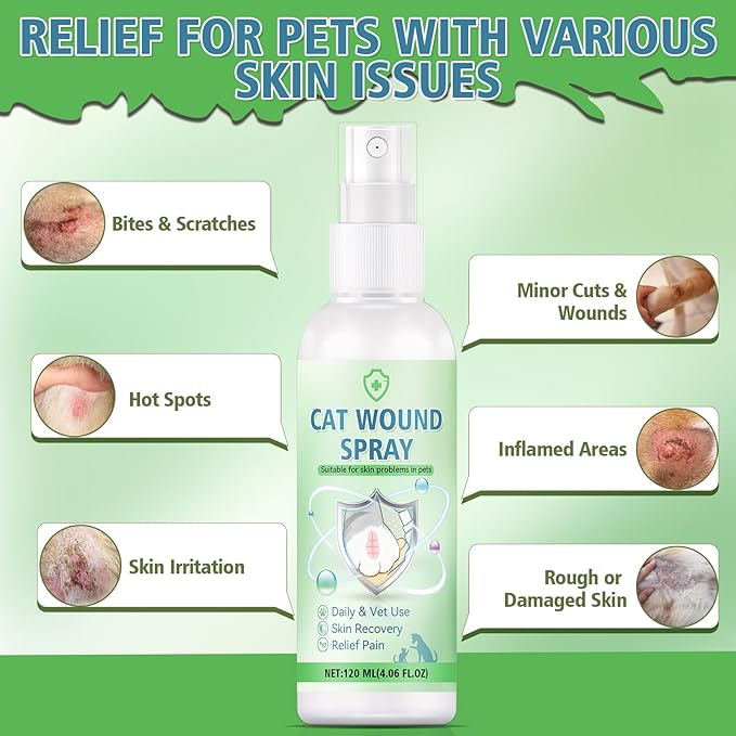 Cat Wound Spray, Wound Care for Cats, Pet Wound Care Formula for Scratching Irritation Bites Burns Redness, Supports Skin Comfort and Recovery for Kittens, Adult Cats, Pets, 120ml