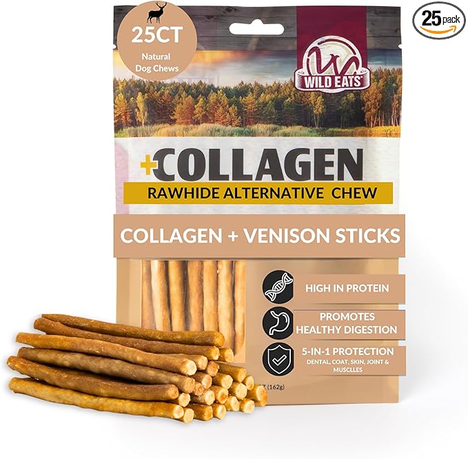 Wild Eats Venison Collagen Sticks for Dogs (25 Pack, 0.6 cm Wide) Long Lasting Dog Chews No Hide Dog Treat Bully Stick Alternative, Rawhide Free, Grain Free, High Protein