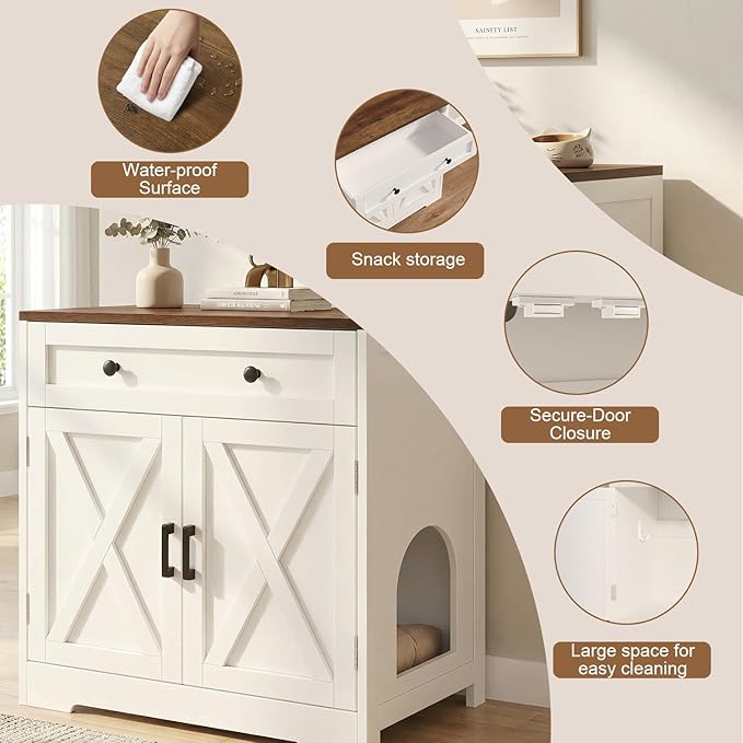 Cat Litter Box Enclosure with Storage Drawers, Hidden Litter Box Wooden Furniture, Modern Farmhouse Indoor Cat House, Multifunctional Side Table, White