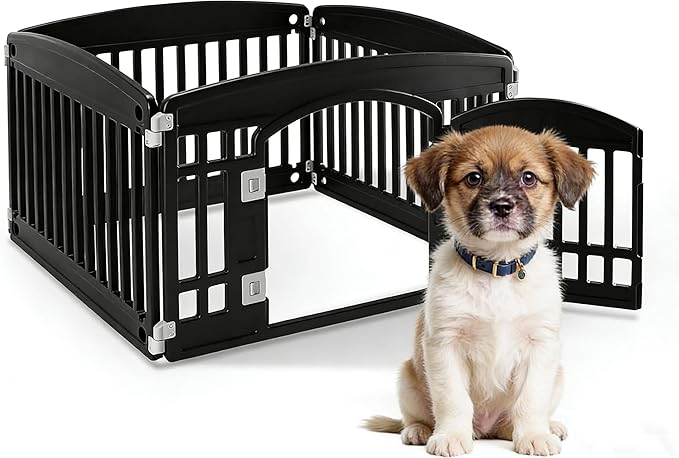 HealSmart 24 Inch 4-Panel Pet Playpen, Sturdy Dog Playpen with Safety Locking Door, Foldable & Portable Design for Puppies, Small & Medium Dogs, Black