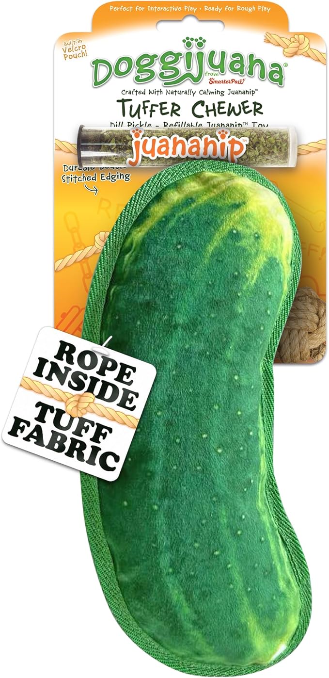 Doggijuana Tuffer Chewer Plush Dog Toy | Funny Dog Toy Plush with Juananip Catnip for Dogs | Calming Aid for Dogs | Interactive Squeaky Chew Toy for Play (Dill Pickle)