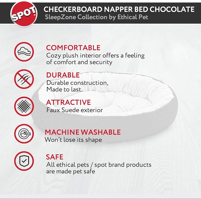 SPOT Sleep Zone Checkerboard Napper Pet Bed 20x20 / Chocolate - Pet Bed for Cats and Small Dogs - Attractive, Durable, Comfortable, Washable