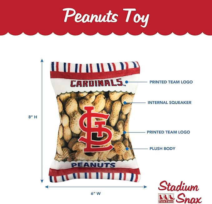 MLB St. Louis Cardinals Plush Peanuts Snack Toy for Dogs & Cats with Embroidered Team Name & Logo with Inner Squeaker