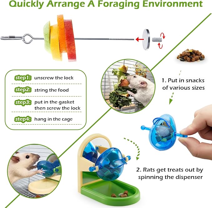 2Pcs Rat Enrichment Toys Set - Stainless Steel Fruit/Veg Holder & Treat Dispenser, Interactive Foraging Puzzle Toys for Rats/Mice/Birds, Cage Accessories with Hanging Feeder & Intelligence Game