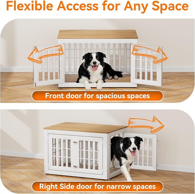 Snuowu 38" Heavy-Duty Dog Crate Furniture for Large/Medium Dogs, Rustic Wooden Dog Cage Kennel Indoor Furniture, Decorative Pet House End Table, White & Wood