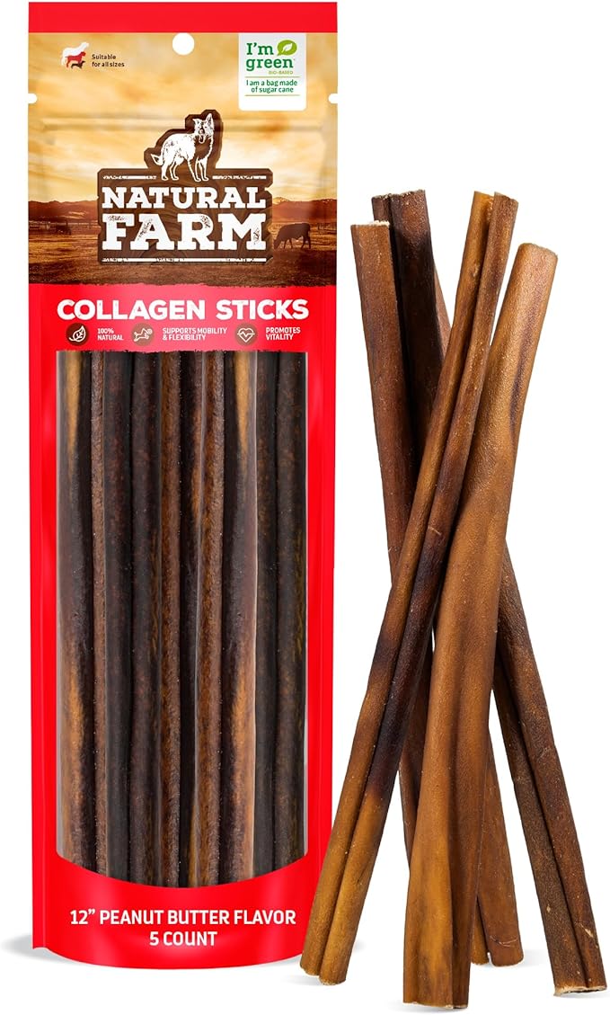 Natural Farm Peanut Butter Flavor Collagen Sticks for Dogs (12 Inch, 5 Pack), Long-Lasting Beef Collagen Sticks, Rawhide Alternative Chews with Chondroitin & Glucosamine, Low-Fat Dental Treats