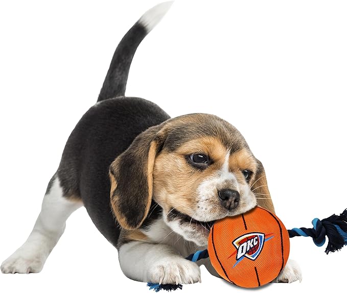 Pets First NBA Oklahoma City Thunder Basketball Toy. - Tough Nylon Pet Toy with Tug Ropes & Inner Squeaker, one Size