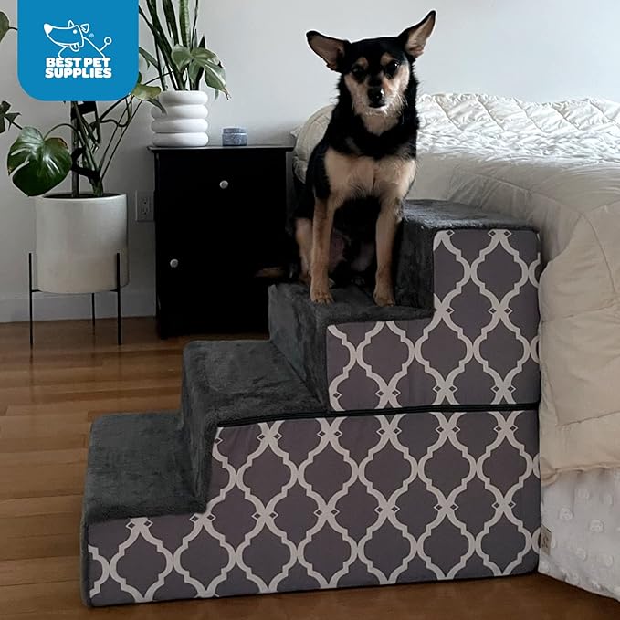 Best Pet Supplies Round Bed for Pet, 4-Step Pet Stair, Grey Linen (Foldable)