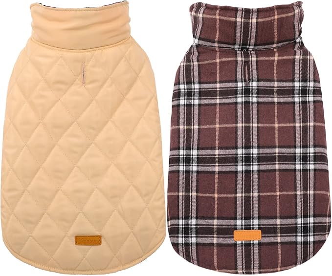Kuoser Waterproof Dog Coat, Reversible Dog Jacket for Large Dogs, Adjustable Durable Doggie Winter Coat for Groowing Puppies Warm Puppy Cold Weather Apparel, Brown L