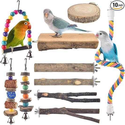 Bissap 10 PCS Bird Chew Toys, Parakeet Natural Wood Parrot Hanging Cage Toy Swing Rope Paw Fork Perch Stand Platform for Small Birds Conure Cockatiel Parrotlet Lovebird Budgie Exercise Training
