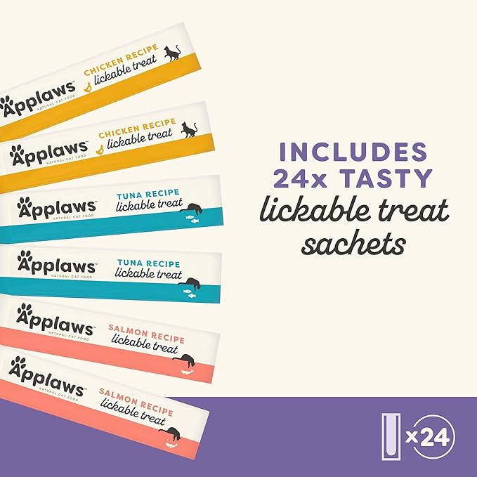 Applaws Lickable Cat Treats, Natural Grain-Free Purée, Limited and Natural Ingredients, No Artificial Additives, Variety Selection Squeeze Up Treats (24 x 0.5oz Sachets)