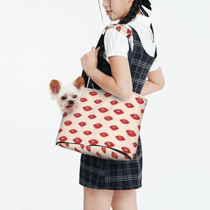 Red Lips (1) Print Foldable Pet Tote Bag, Shoulder Carrier for Small Dogs and Cats