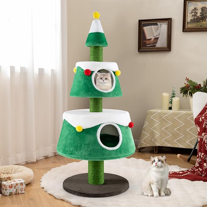 PETSITE 60 inch Cat Christmas Tree, Cute Cat Tower with 2 Condos, Sisal Scratching Posts, Spring Toy, Removable Beds, Modern Holiday Cat Tree Tower for Indoor Cats