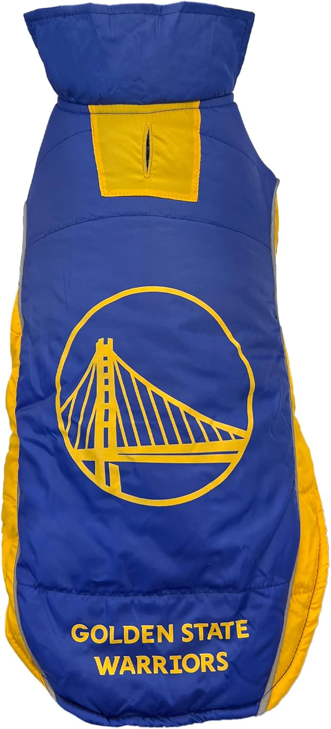 NBA Golden State Warriors Puffer Vest for Dogs & Cats, Size Small. Warm, Cozy, and Waterproof Dog Coat, for Small and Large Dogs/Cats. Best NBA Licensed PET Warming Sports Jacket