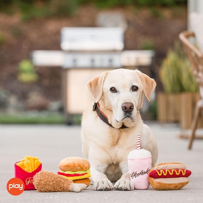 P.L.A.Y. PET LIFESTYLE AND YOU Cute Plush Dog Toys - Fast Food Themed Durable Squeaker Chew Toys for Medium & Large Dogs - Machine Washable, Recycled Materials (5 Piece Set, Medium)