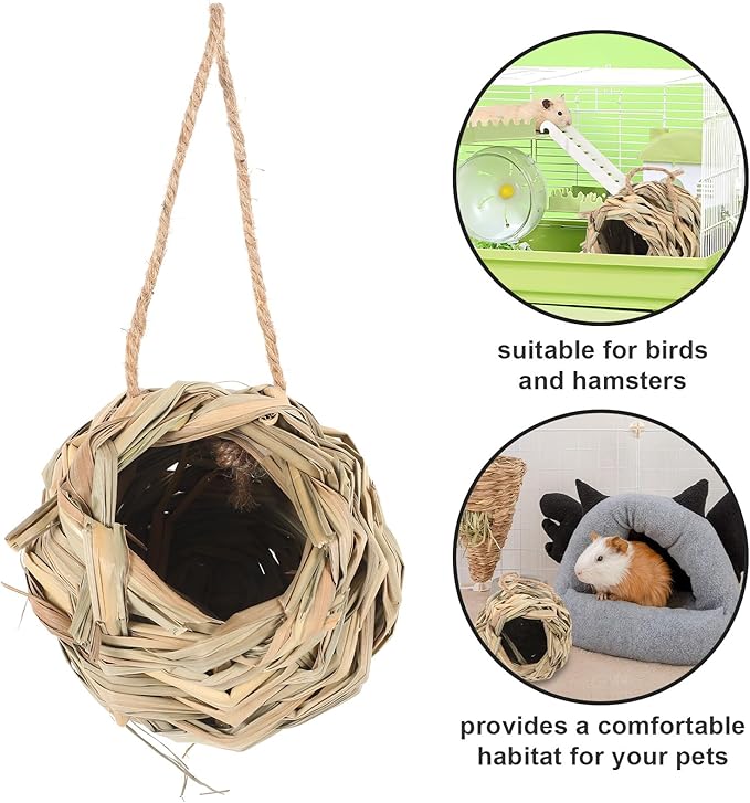 Mipcase Hand-Woven Straw Hamster Hideout and Bird Nest Small Animal Shelter Natural Straw Hut for Hamsters and Birds Cage Accessory Habitat