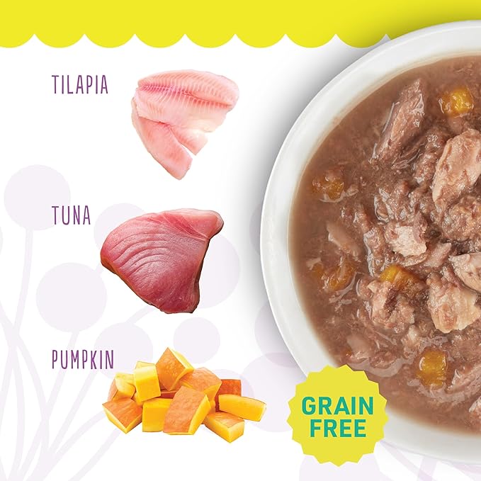 PETITE CUISINE Whole Foods Wet Cat Food, Tuna, Pumpkin & Tilapia Entree in Broth, 2.8 oz. Can (24 Count)