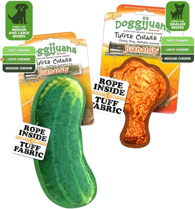 Doggijuana Cafe Combo Refillable Juananip Toy Bundle | Dill Pickle & Chicken Wing | Funny Dog Toy Plush with Catnip and Refill | Interactive Chew for Play