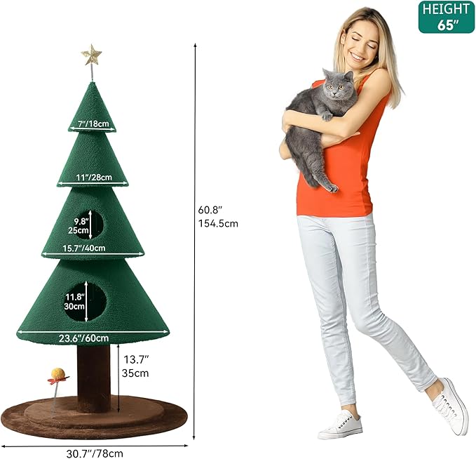 DWVO Christmas Cat Houses for Indoor Cats, Christmas Cat Tree Tower with 2 Cozy Houses, Kitty Furniture with Teaser Plaything for Christmas Decoration
