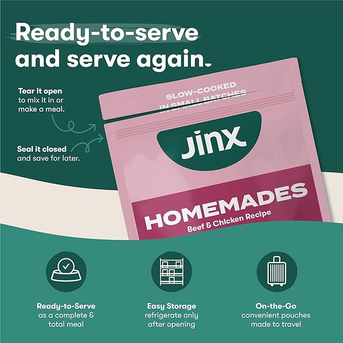 Jinx Beef & Chicken Wet Dog Food Pouches, Meal or Dog Food Topper Mix-in, Made with Real Beef & Chicken, Bone Broth, No Fillers - Puppy, Adult, Senior, 3oz, 8 Pack