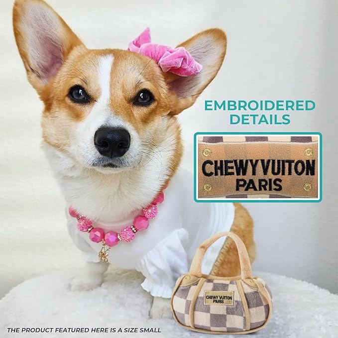 Haute Diggity Dog Chewy Vuiton Handbag Plush Squeaky Dog Toy, Soft Durable Designer-Inspired Stuffed Puppy Chew Toys for Small, Medium & Large Dogs, Machine-Washable (Tan Checker) XL