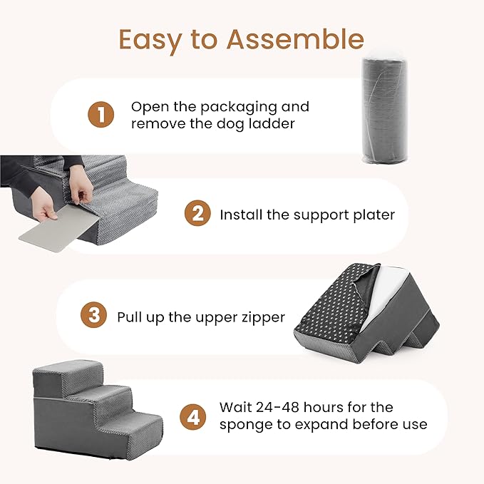 HealSmart Dog Stairs for Small Dogs, 4-Step Design Pet Steps for Puppies and Senior Cats, Versatile Indoor Pet Ramp Suitable for Sofa Couch and Chair, Non-Slip High-Density Foam Pet Ladder, Gray