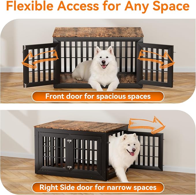 Snuowu 42" Heavy-Duty Dog Crate Furniture for Large/Medium Dogs, XL Wooden Dog Cage Kennel Indoor Furniture, Decorative Pet House End Table, Black & Wood