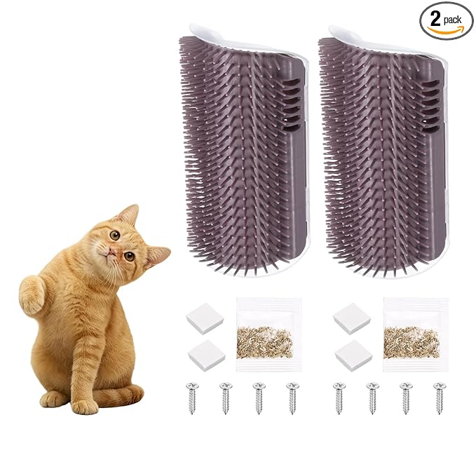 Self Grooming Cat Brush, Cat Self Groomer Scratcher with Catnip Softer Scratchers Wall Corner Groomer Massage Combs (2Pcs, L, Grey) for Long Short Fur Pets/Kittens/Puppies