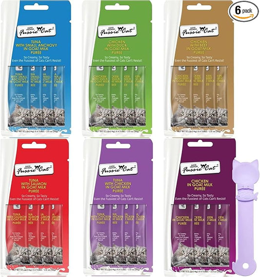 Fussie Cat Super Premium Cat Treats in Goat Milk Puree, lickable cat Treats,6 Packs of 4-0.5oz Tubes, Variety Flavor Pack of 6 Flavors + Freeding Spoon